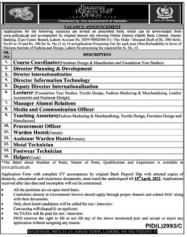 Pakistan Institute of Fashion & Design PIFD Jobs 2022 Application Form