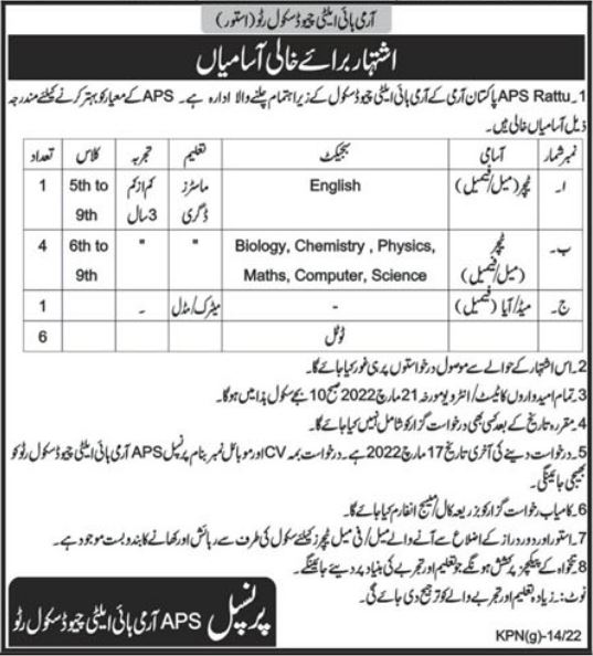 Army Public School APS High Altitude School Rattu Astore Jobs 2022