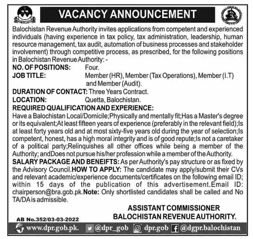 Balochistan Revenue Authority Jobs 2022