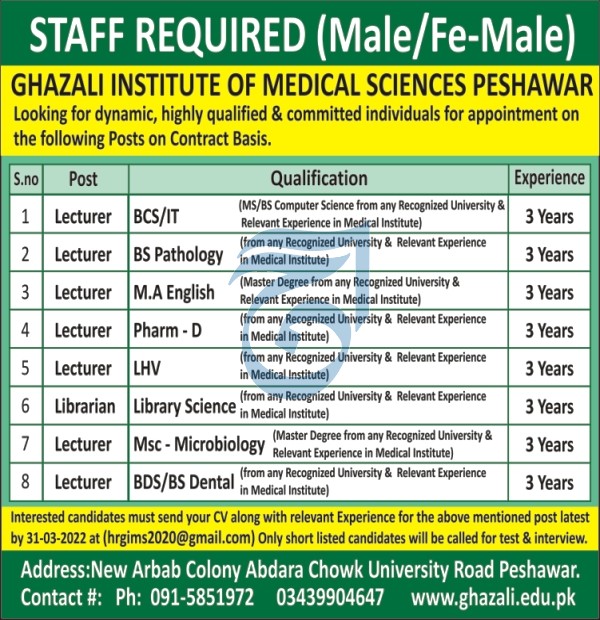 Ghazali Institute of Medical Sciences Peshawar Jobs 2022