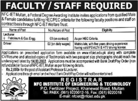 NFC Institute of Engineering & Technology Jobs 2022