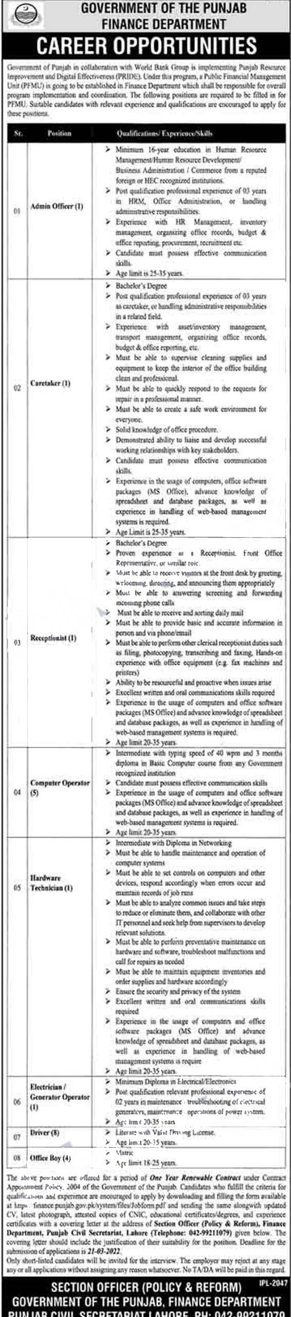 Finance Department Punjab Jobs 2022 – www.finance.punjab.gov.pk