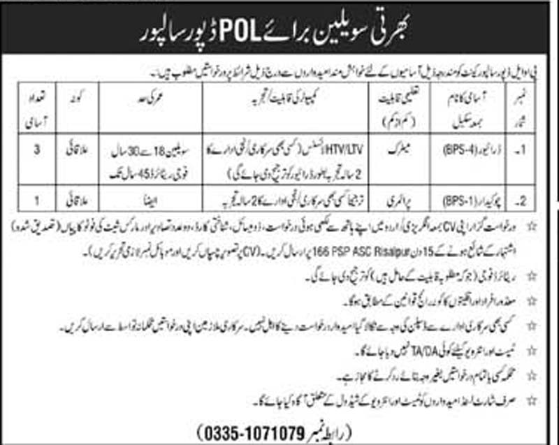 Pakistan Army POL Depot Risalpur Cantt Jobs 2022