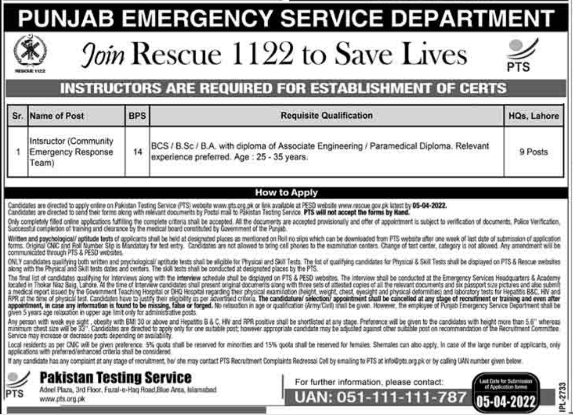 Rescue 1122 Jobs 2022 Punjab Emergency Service