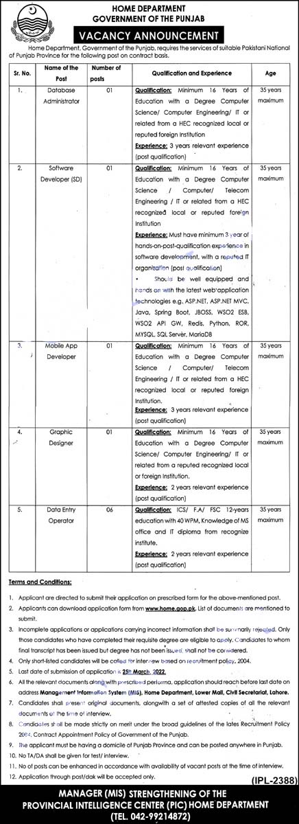 Home Department Punjab Jobs 2022 – www.home.gop.pk