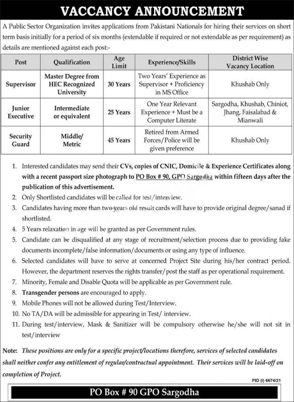 Public Sector Organization Sargodha Jobs 2022 PO Box No. 90