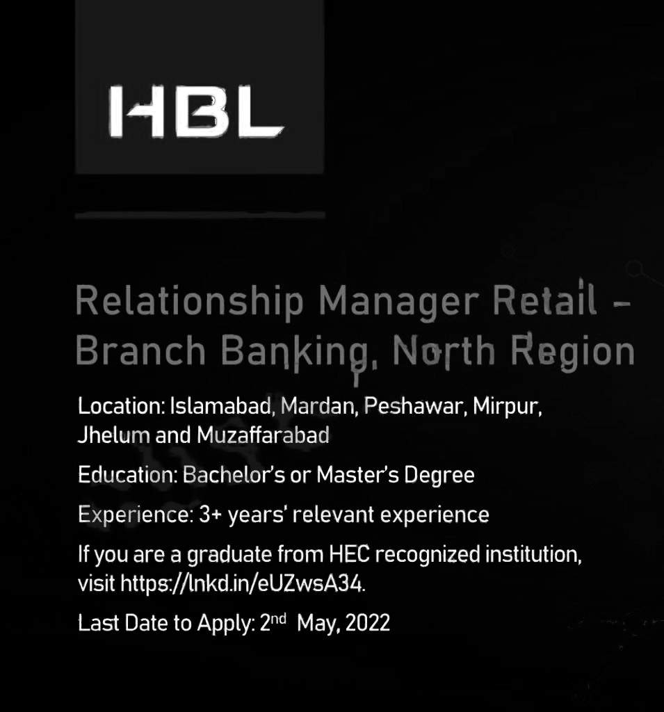 HBL Jobs for Relationship Manager Retail across Pakistan