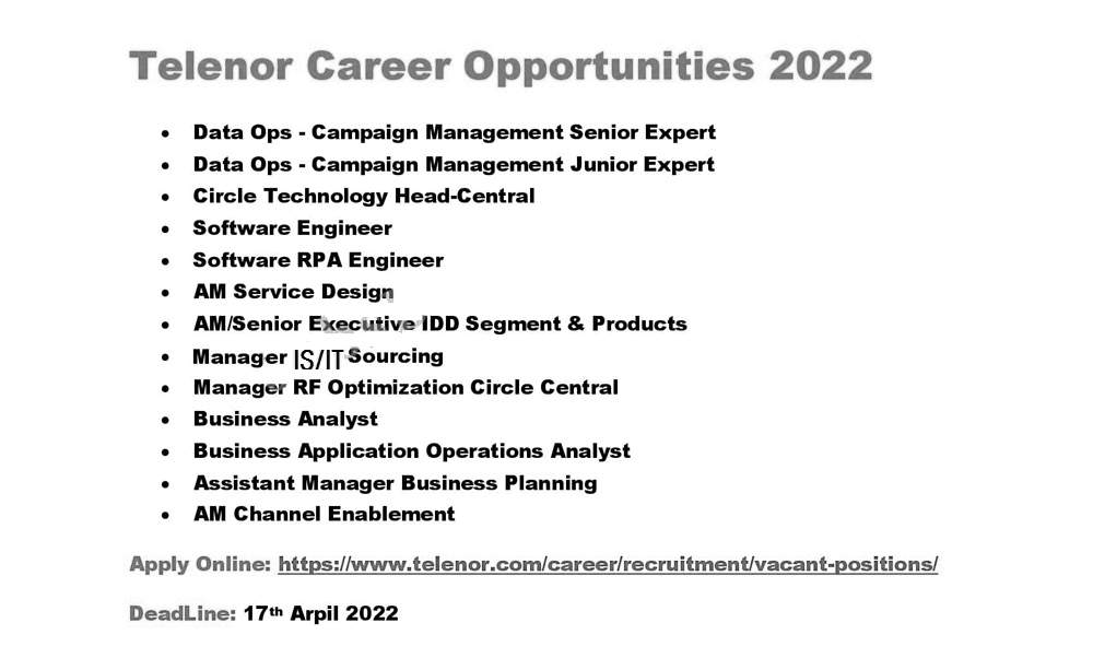 Telenor Pakistan Jobs 2022 – Apply Online www.telenor.com