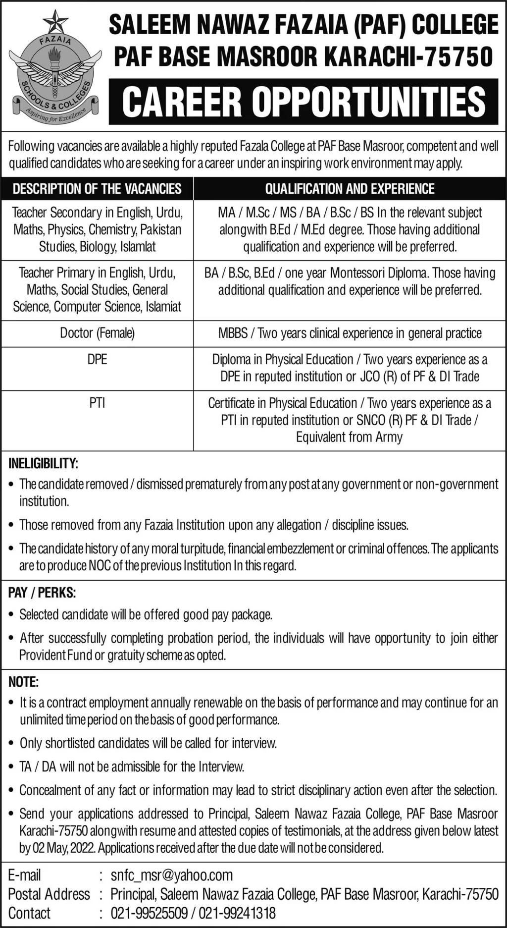 Saleem Nawaz Fazaia College PAF Base Masroor Karachi Jobs 2022