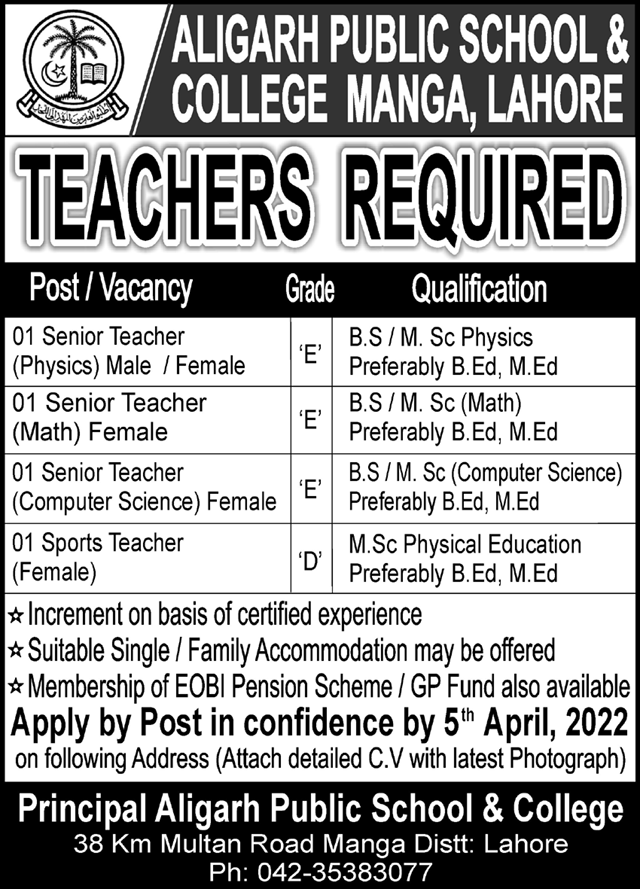 Aligarh Public School and College Lahore Jobs 2022 for Teachers