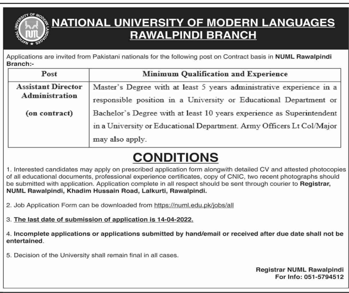 NUML Jobs 2022