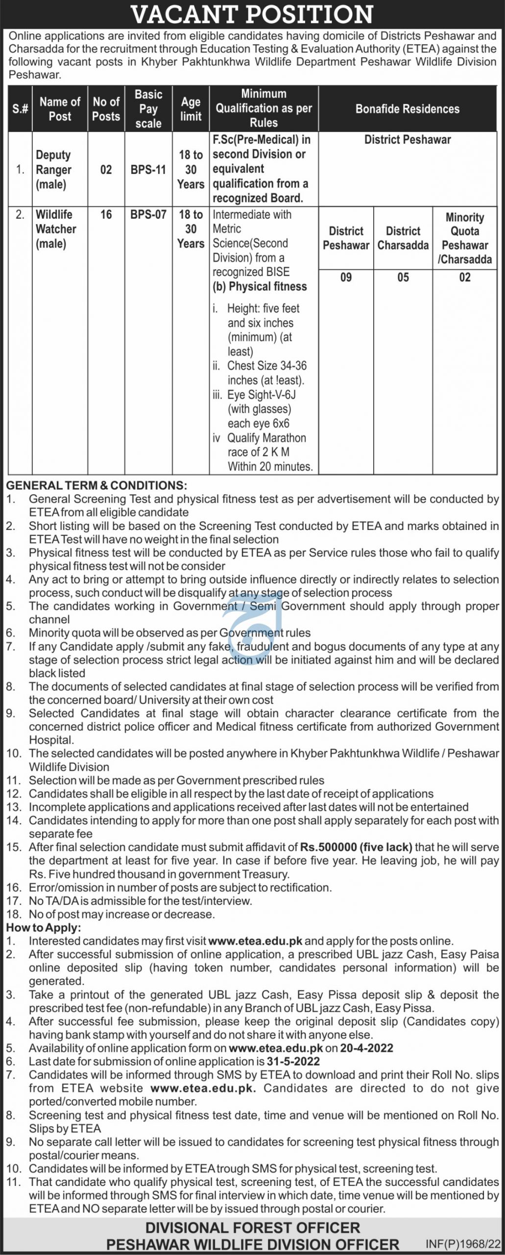 KPK Wildlife Department Wildlife Division Peshawar Jobs 2022