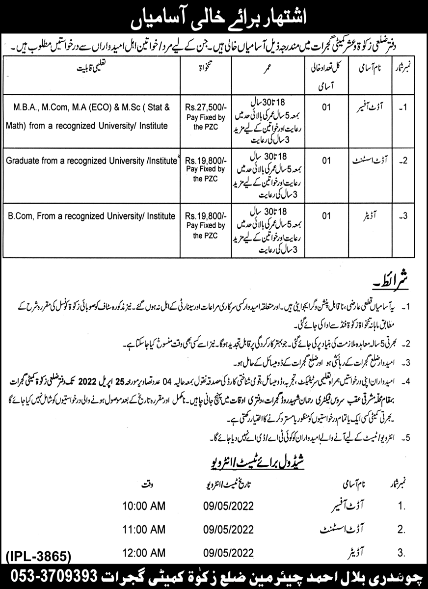 District Zakat & Ushr Committee Gujrat Jobs 2022