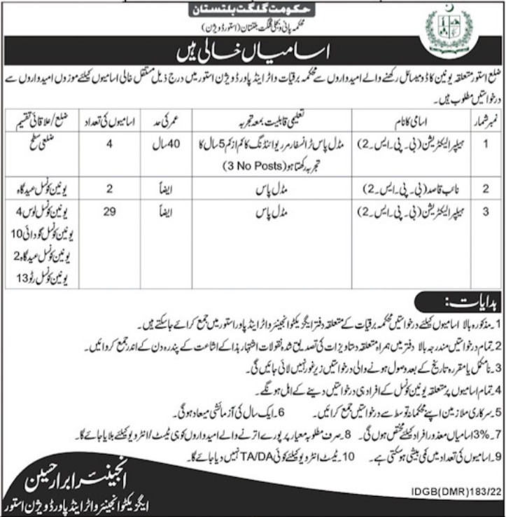 Water & Power Division Astore Jobs 2022