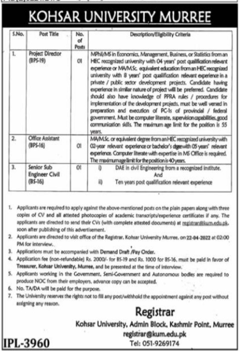 Kohsar University Murree Jobs 2022 – www.kum.edu.pk