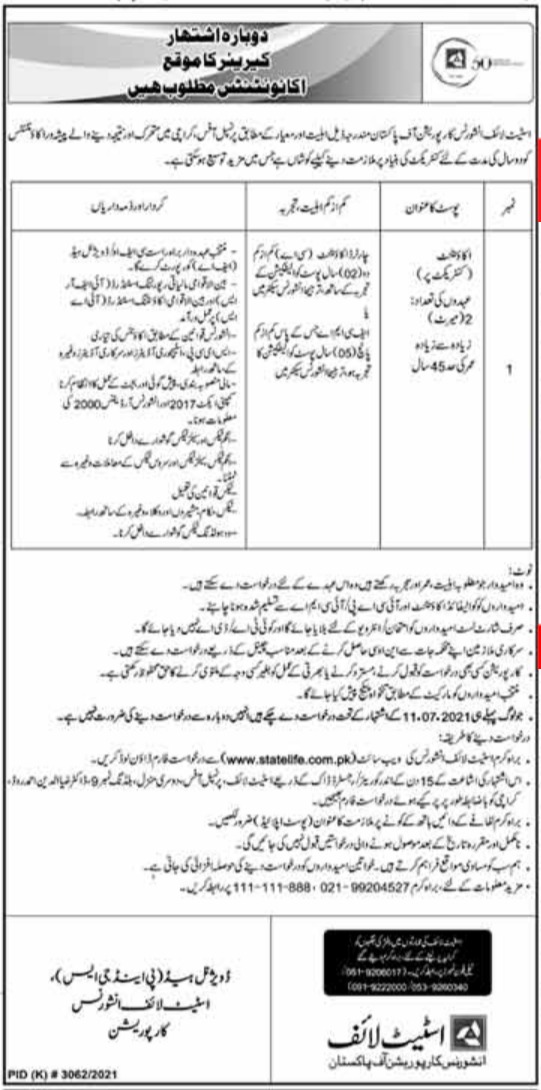 State Life Insurance Corporation of Pakistan Jobs 2022 for Accountants