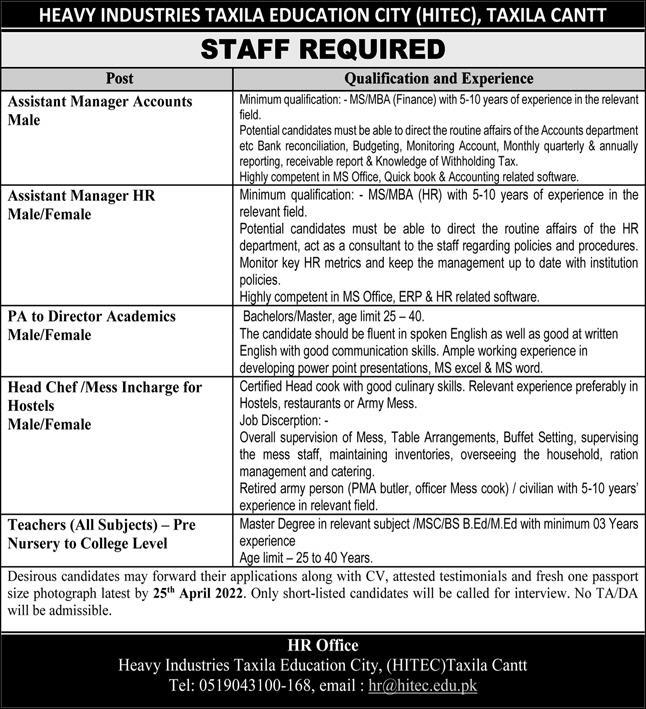 Heavy Industries Taxila Education City HITEC Jobs 2022