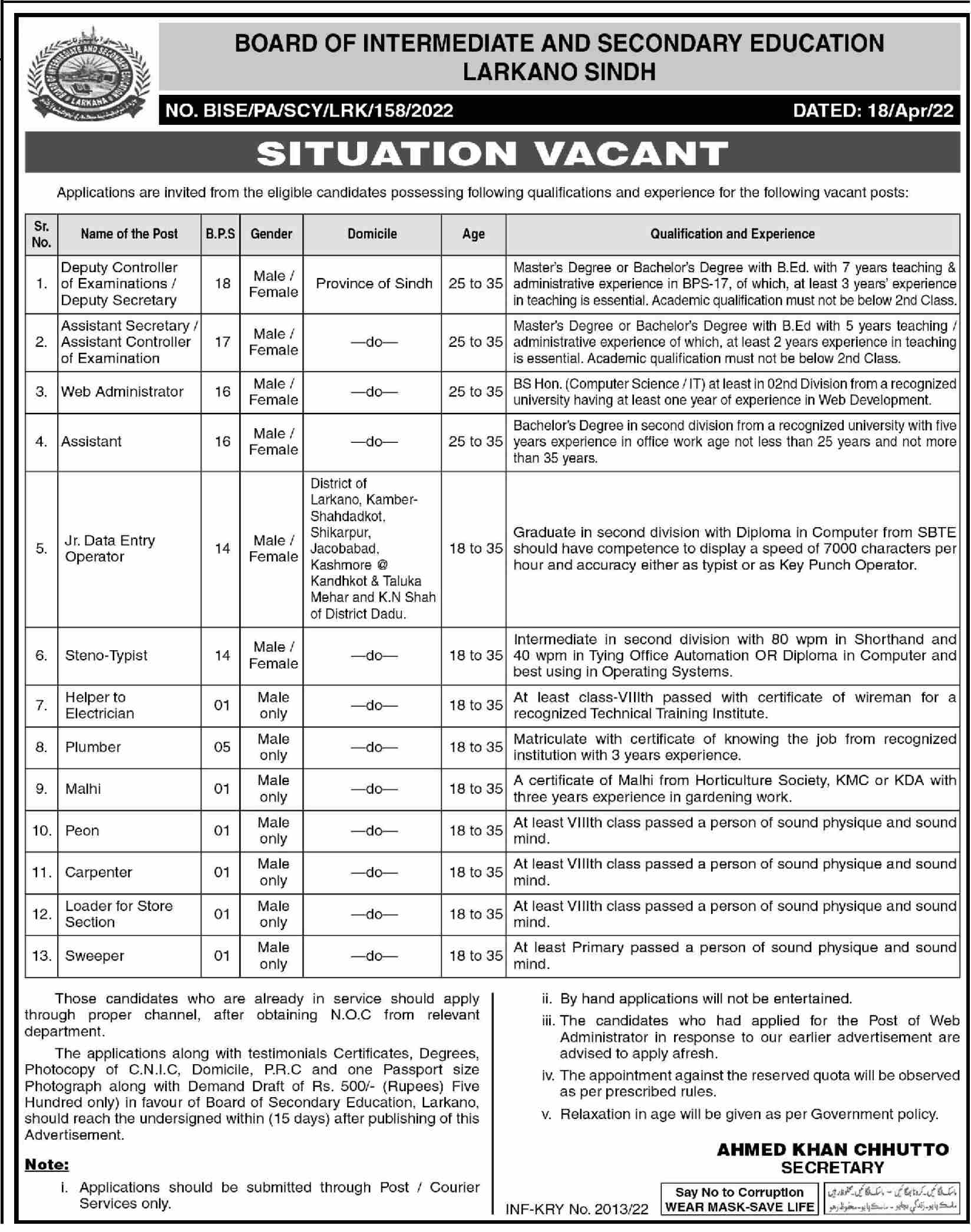 BISE Larkana Jobs 2022 – Board of Intermediate & Secondary Education