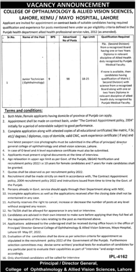 College of Ophthalmology & Allied Vision Sciences Lahore Jobs 2022