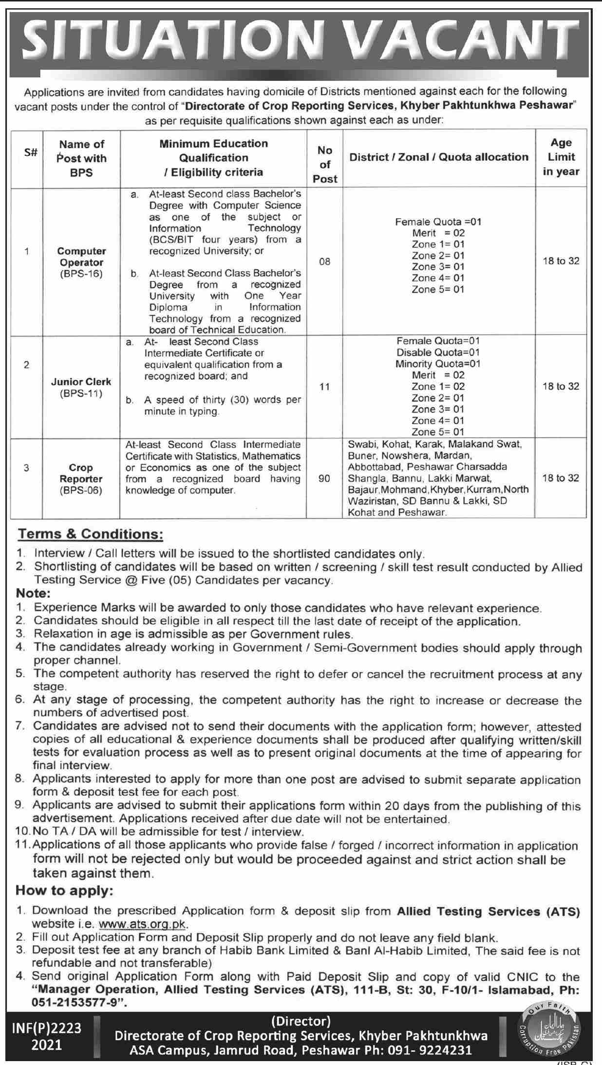 Crop Reporting Services KPK Jobs 2022 Online Form