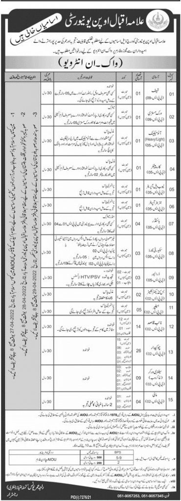 Allama Iqbal Open University AIOU Jobs 2022 Walk in Interview