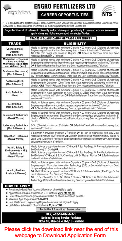 Engro Fertilizers Apprenticeship Jobs 2022 Online Form