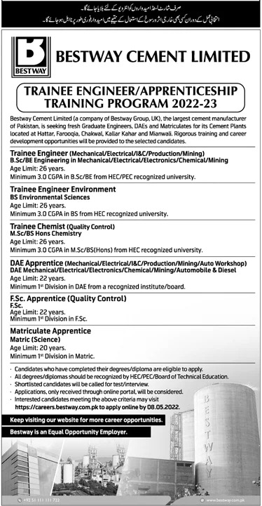 Bestway Cement Trainee Engineer/Apprenticeship Program 2022-23