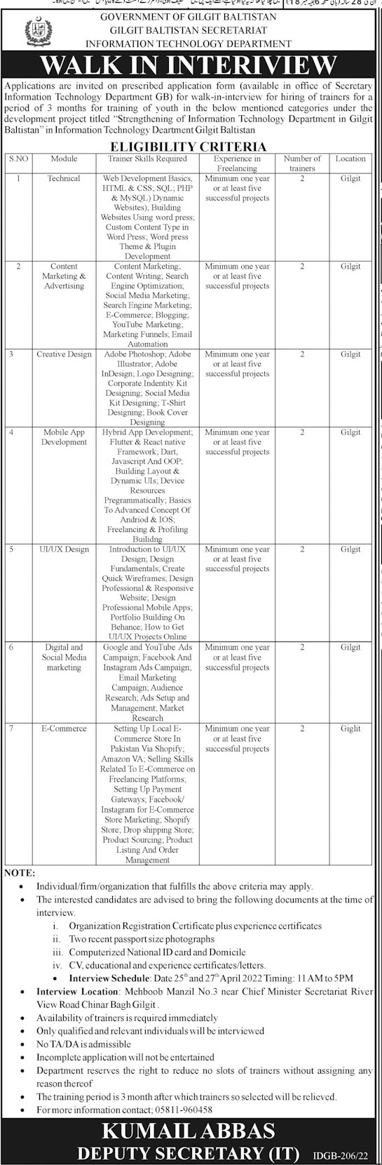 Information Technology Department Gilgit Baltistan Jobs 2022