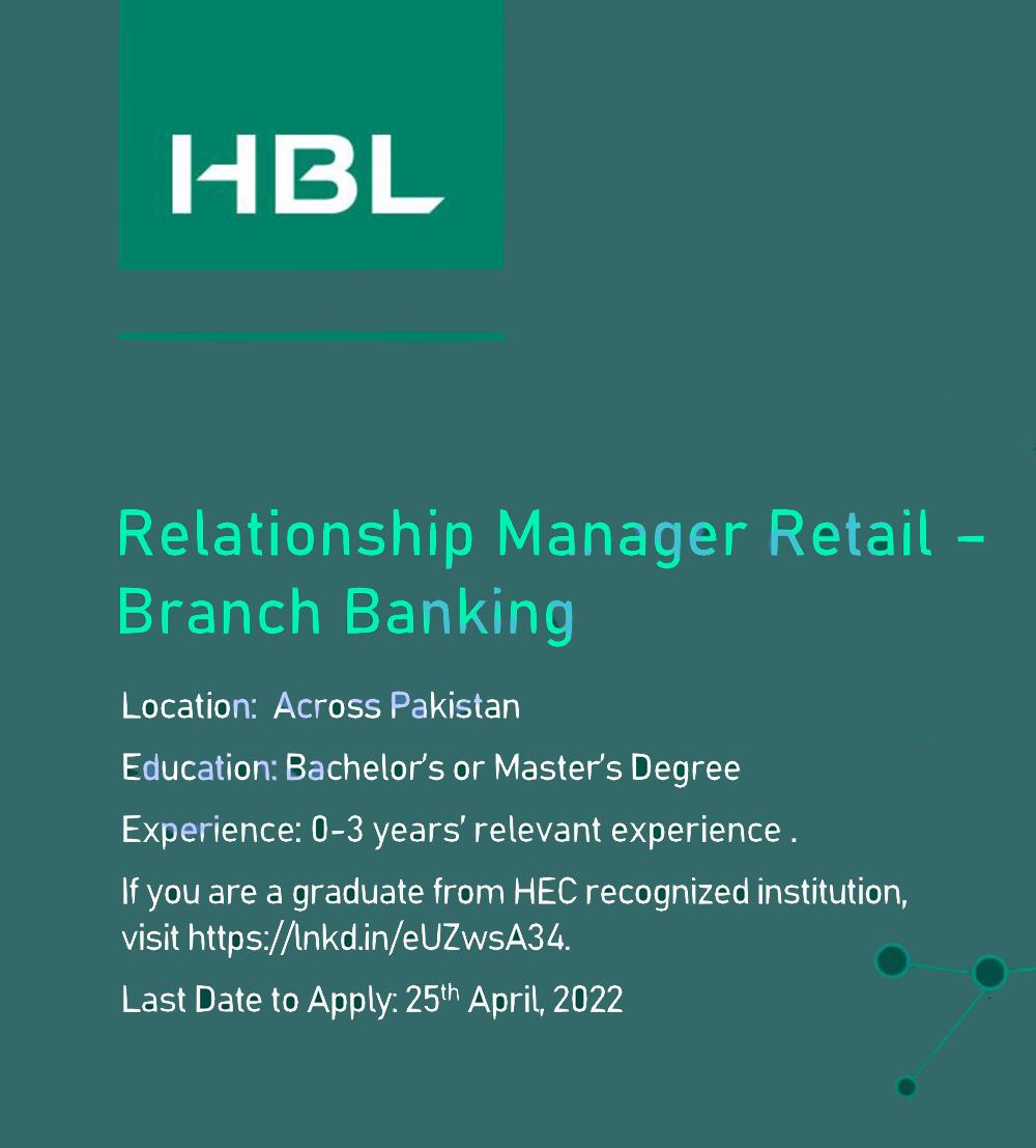 HBL Jobs for Relationship Manager Retail across Pakistan