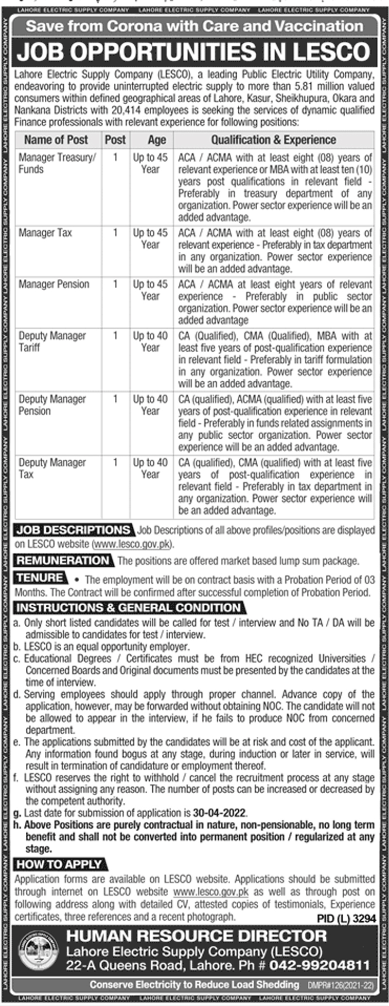 Lahore Electric Supply Company LESCO Jobs 2022 Form Download