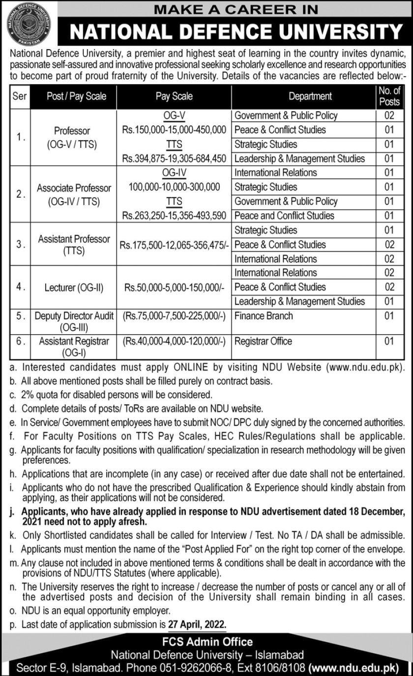 National Defence University NDU Jobs 2022 – www.ndu .edu.pk