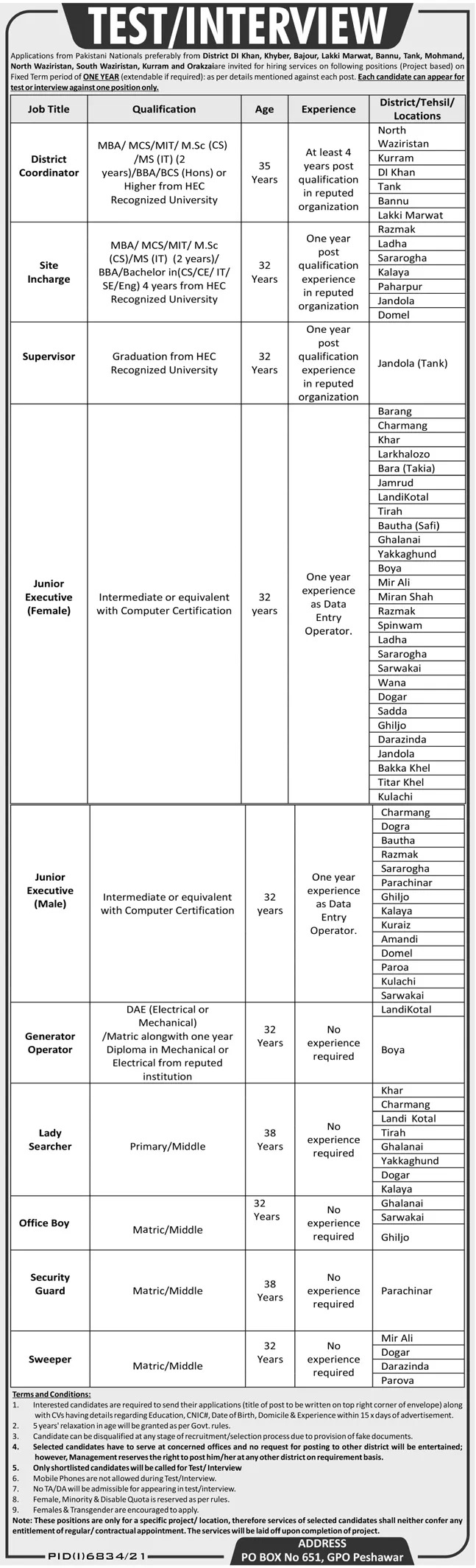 PO Box 651 Peshawar Jobs 2022 in Khyber Pakhtunkhwa