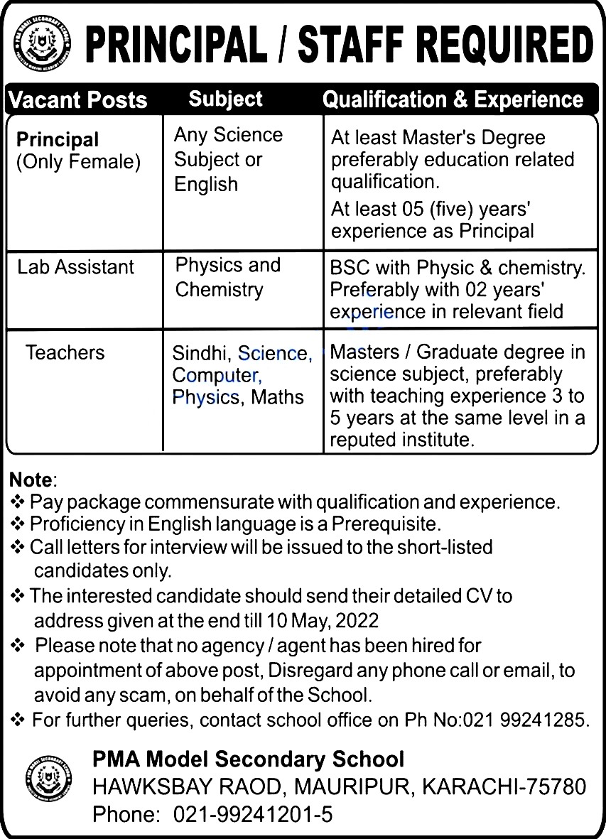 Pakistan Marine Academy PMA Model Secondary School Jobs 2022