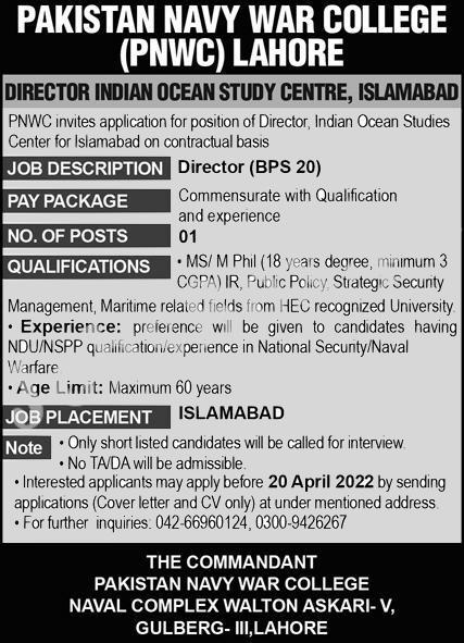 Pakistan Navy War College PNWC Jobs 2022