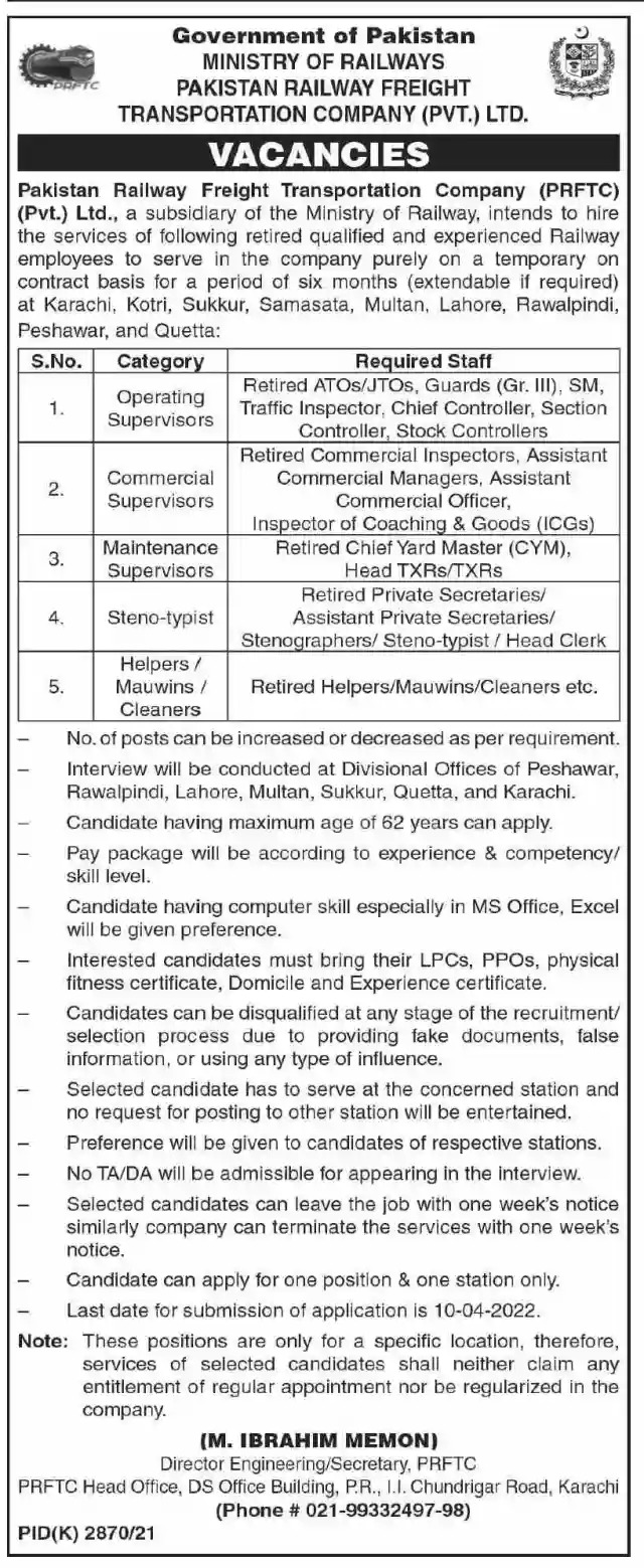 Ministry of Railways PRFTC Jobs 2022 – Pakistan Railways Career