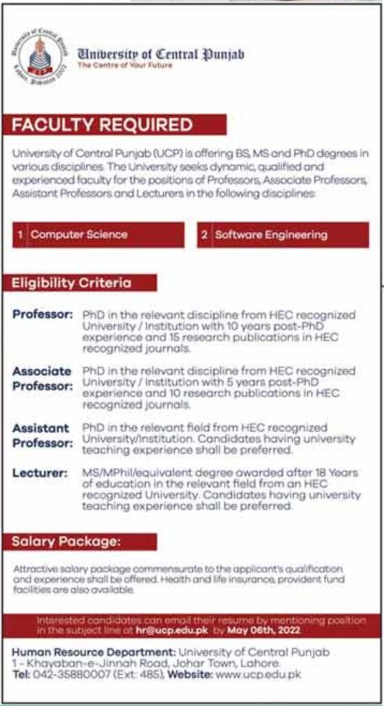 University of Central Punjab Jobs 2022 UCP Online Apply