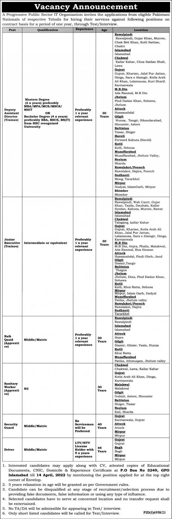 Public Sector IT Organization PO Box 3249 Islamabad Jobs 2022