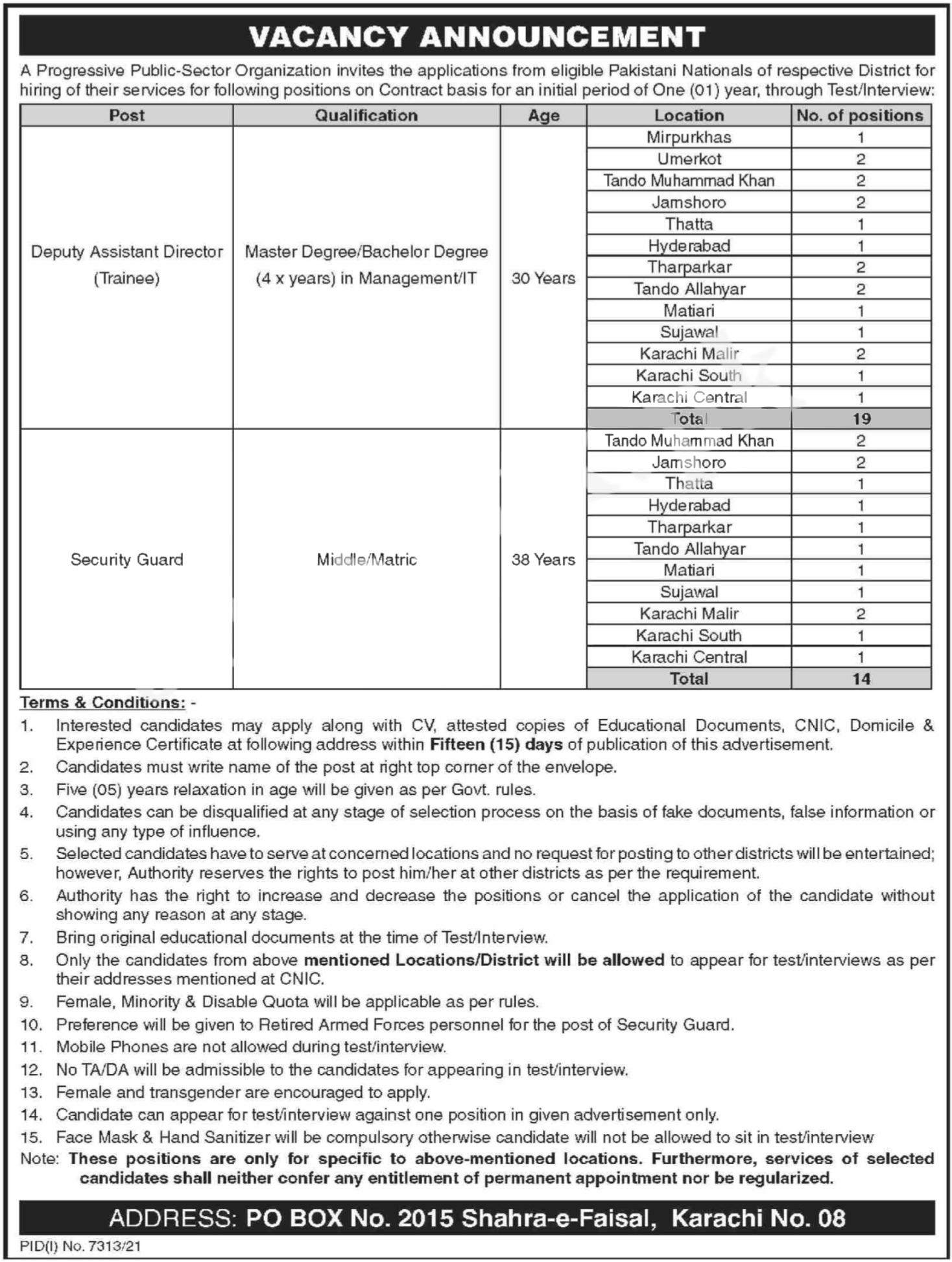 Public Sector PO Box 2015 Karachi Jobs