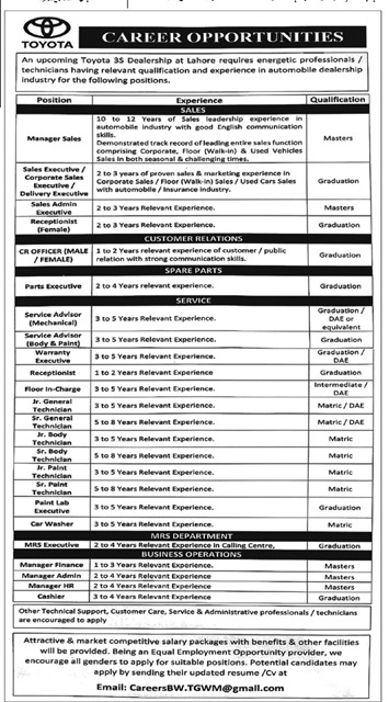 Toyota 35 Dealership Lahore Jobs 2022