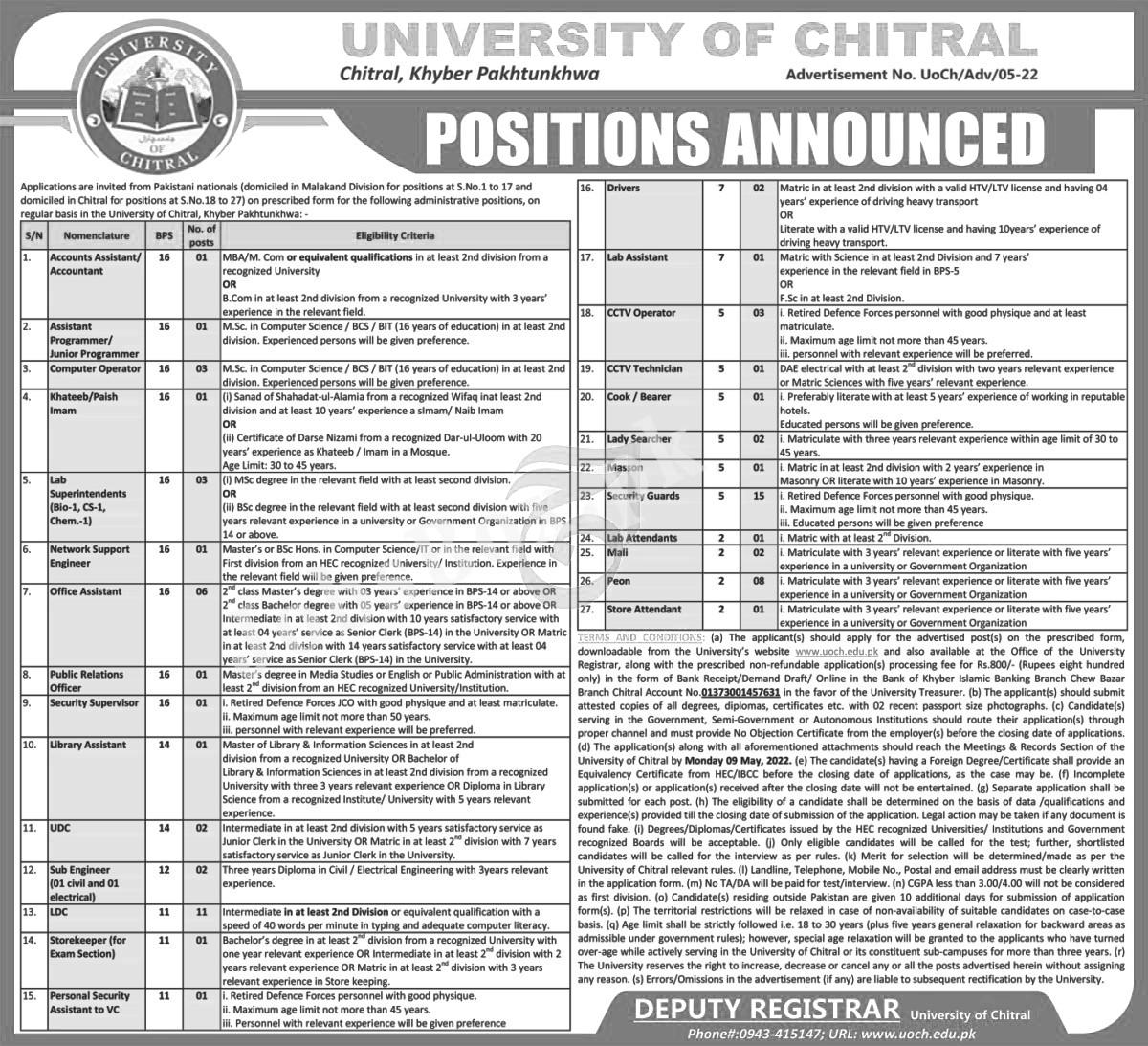 University of Chitral Jobs 2022 Online Form Download – www.uoch.edu.pk