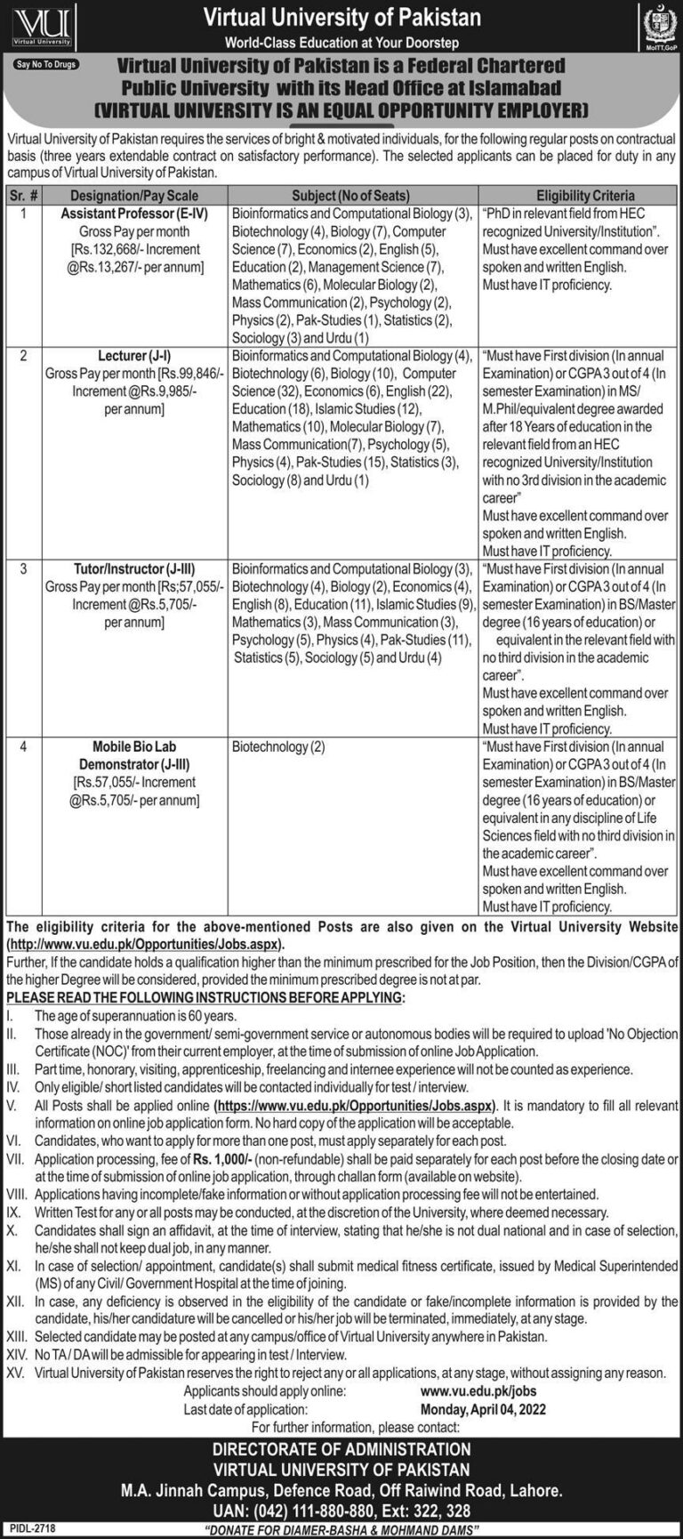 Virtual University of Pakistan VU Jobs 2022