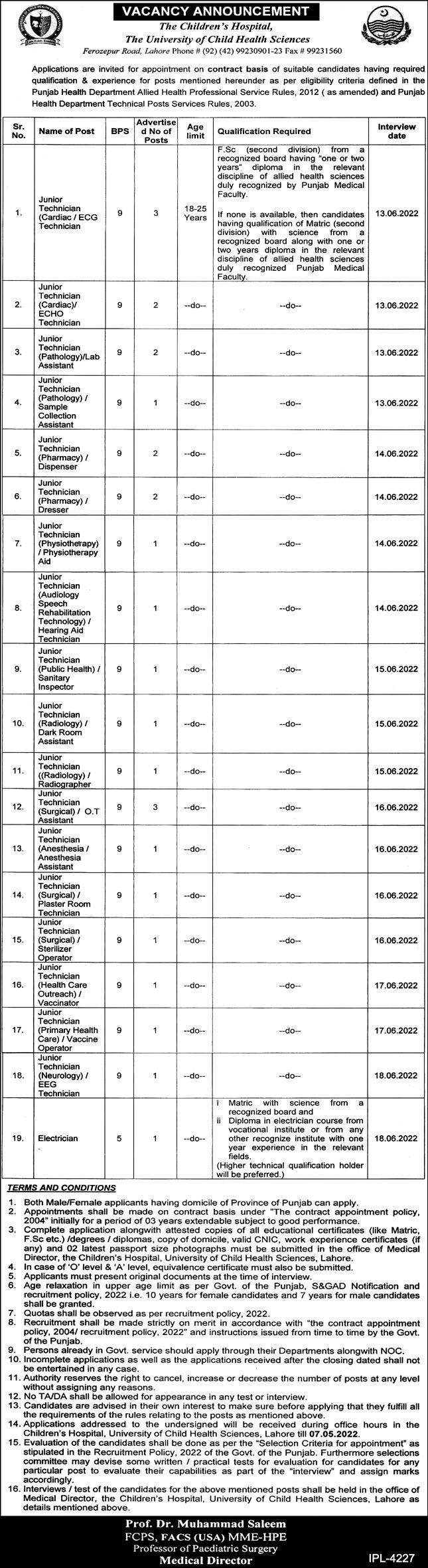 University of Child Health Sciences Lahore Jobs 2022