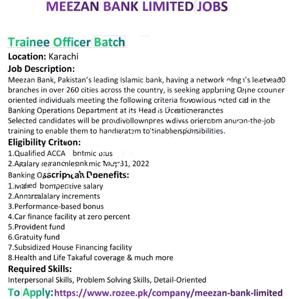 Meezan Bank Trainee Officer & Trade Officer Jobs 2022 Online Form