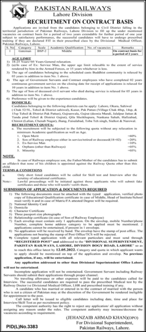 Pakistan Railways Lahore Division Jobs 2022 for Gateman