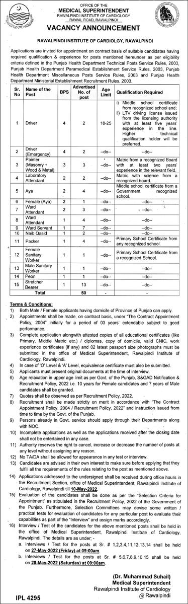 Rawalpindi Institute of Cardiology Jobs 2022 Download Form