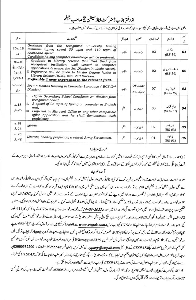 District and Session Courts Jhelum Jobs 2022 via CTS | www.ctspak.com