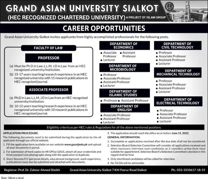 Grand Asian University Sialkot GAUS Jobs 2022 – Fill Online Form