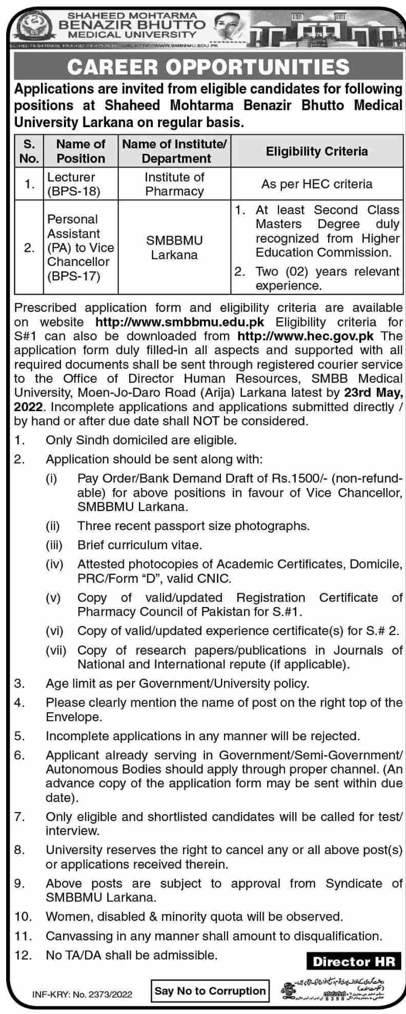 Shaheed Mohtarma Benazir Bhutto Medical University Jobs 2022