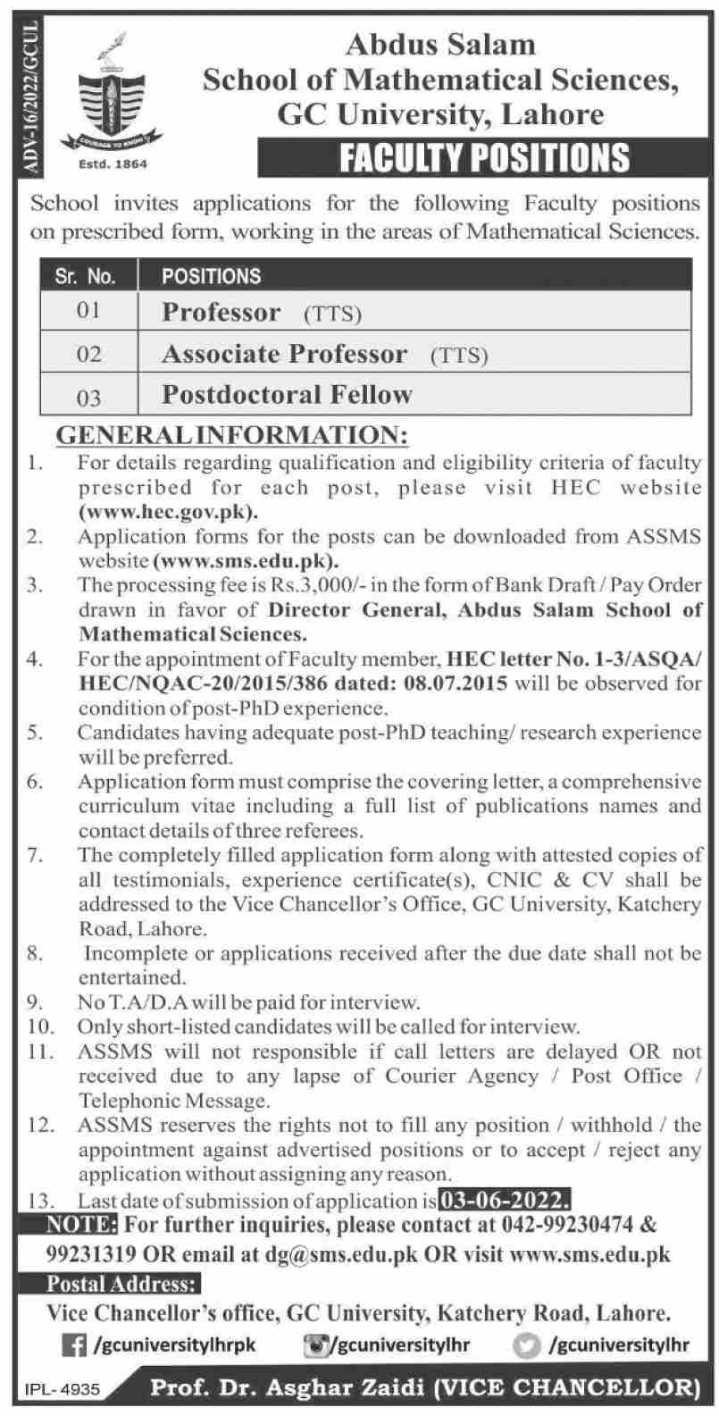 GC University Lahore Jobs 2022 Govt College University Advertisement