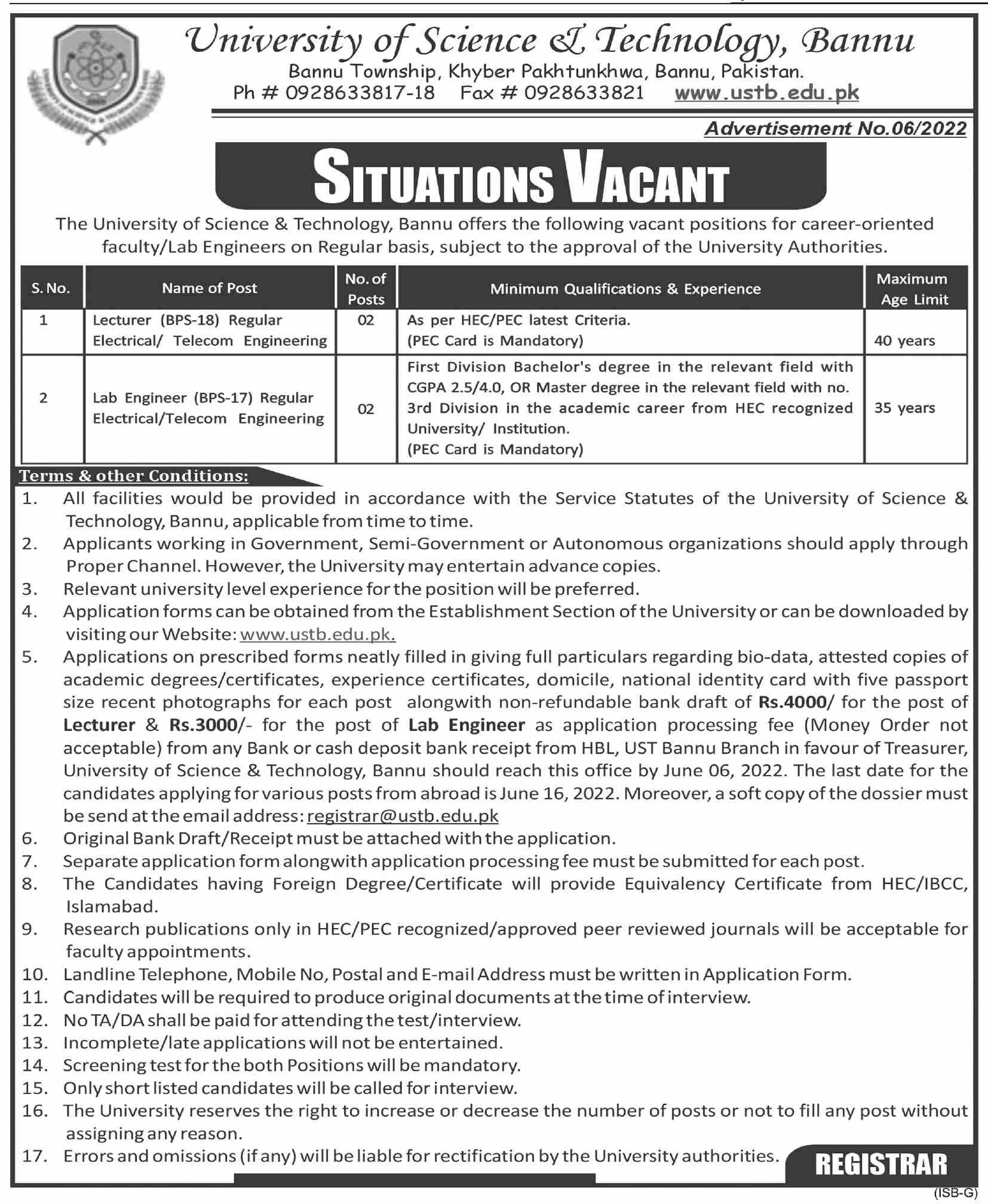 University of Science and Technology Bannu Jobs 2022 Download Form